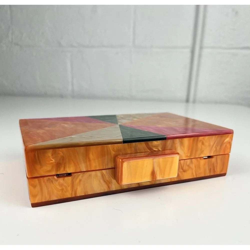 Marbled Acrylic Clutch Bag Art Deco Patchwork Evening Orange Pink Gold Chain